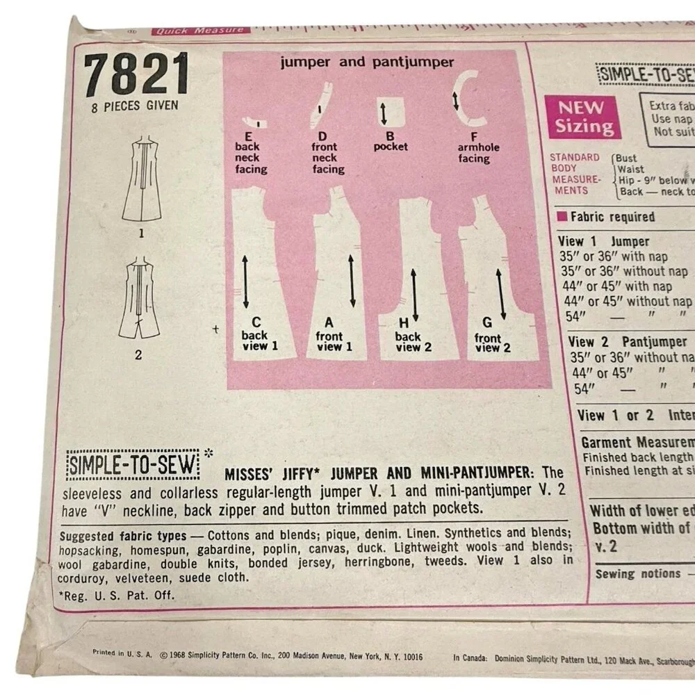 Simplicity Pattern 7821 Misses Size 10 Jumper & Pantjumper  Vintage Uncut FF